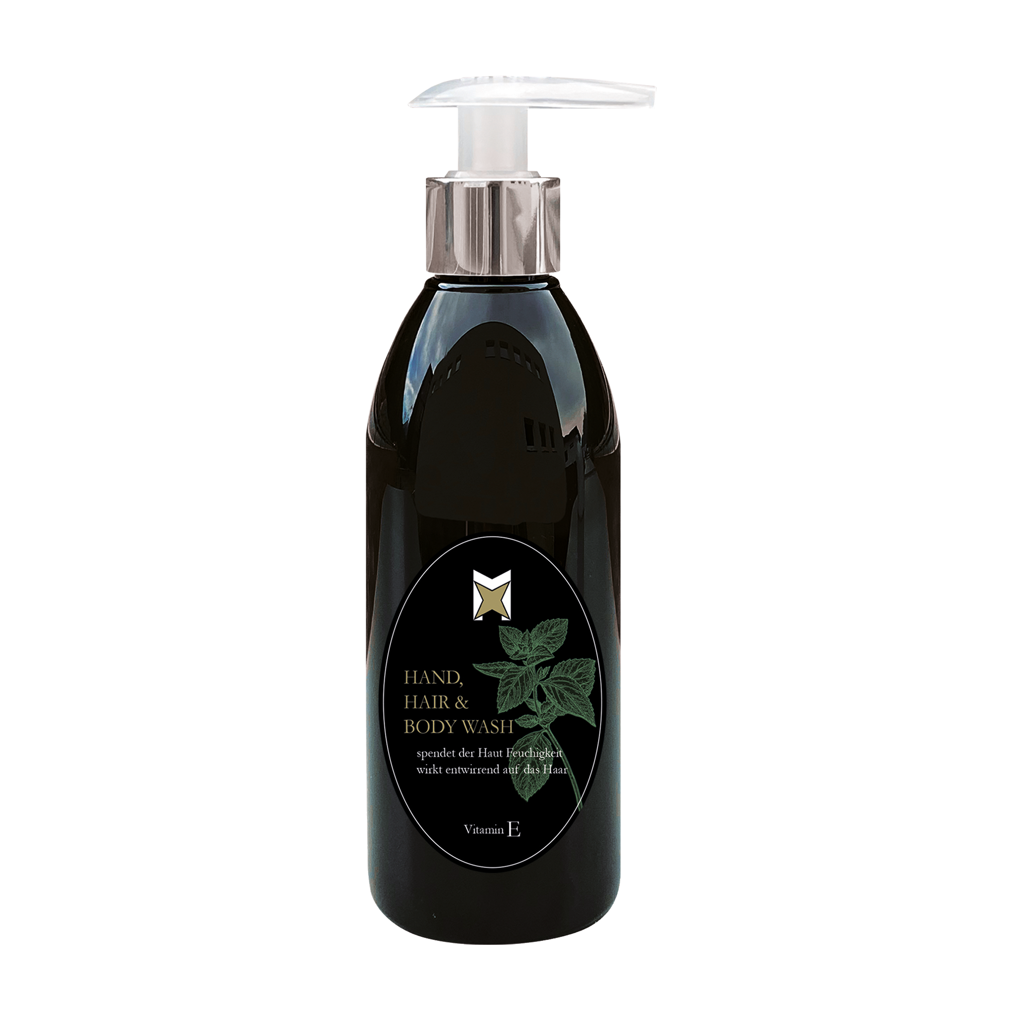 Kosmetik Recycling PET Flasche 250ml schwarz mit Seifenpumpe natur/metall 24/410