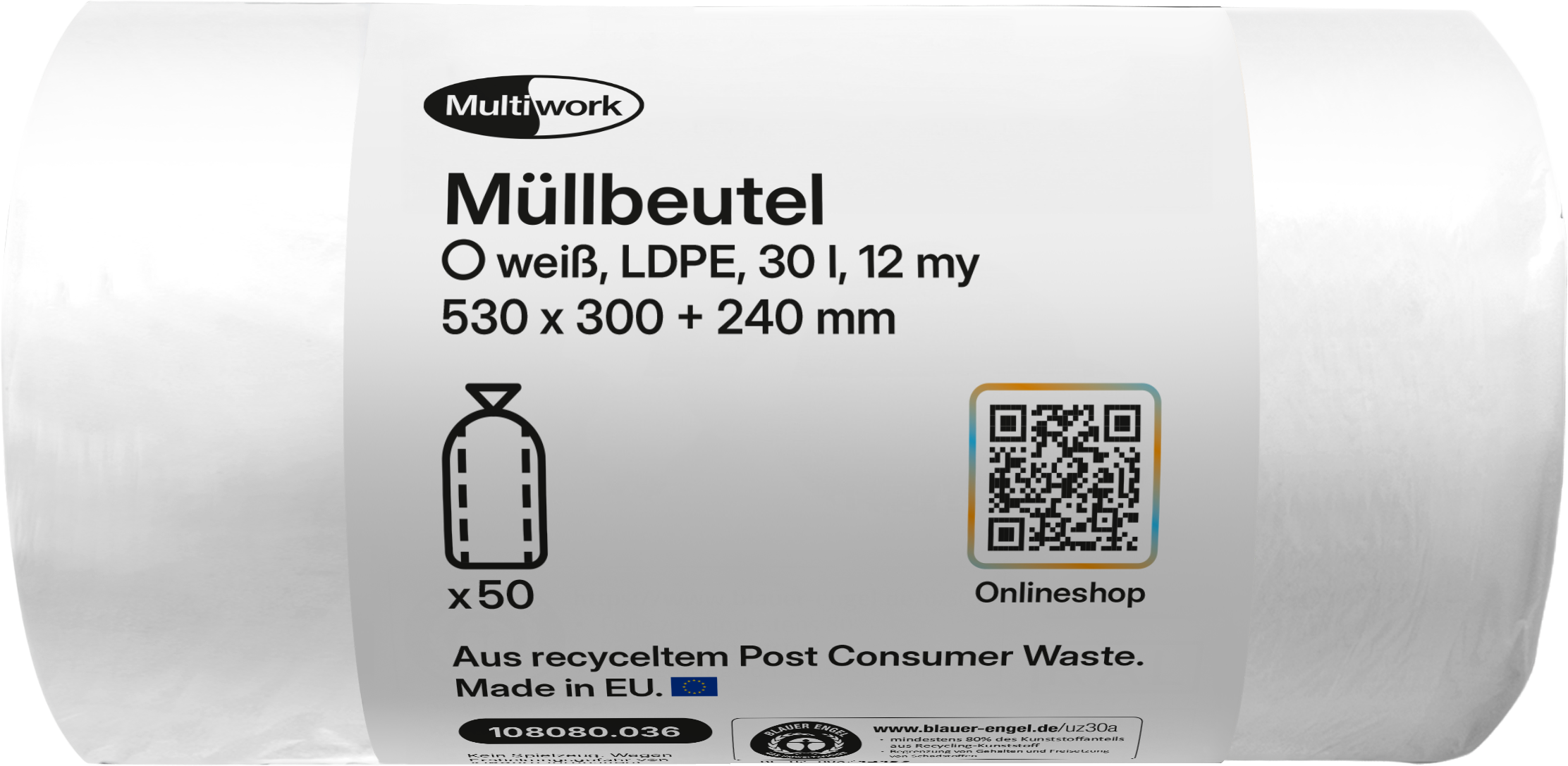 Müllsäcke LDPE ohne Zugband 30 lt. weiß, 300+240 x 530 mm, 12 my