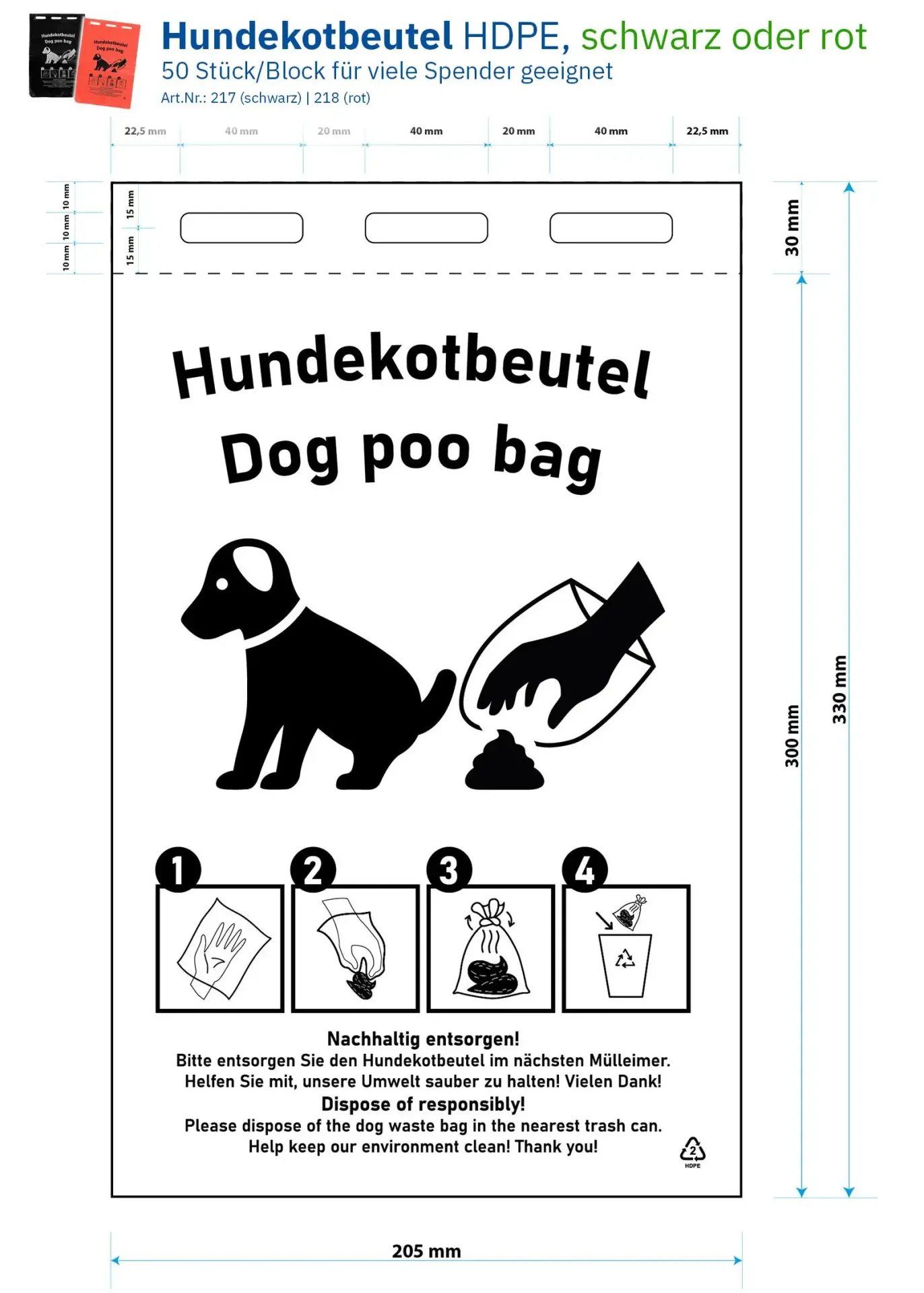Hundekotbeutel HDPE rot mit schwarzem Druck