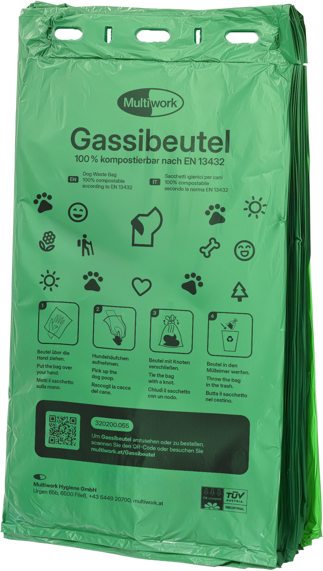 Hundekotbeutel kompostierbar grün mit schwarzem Druck